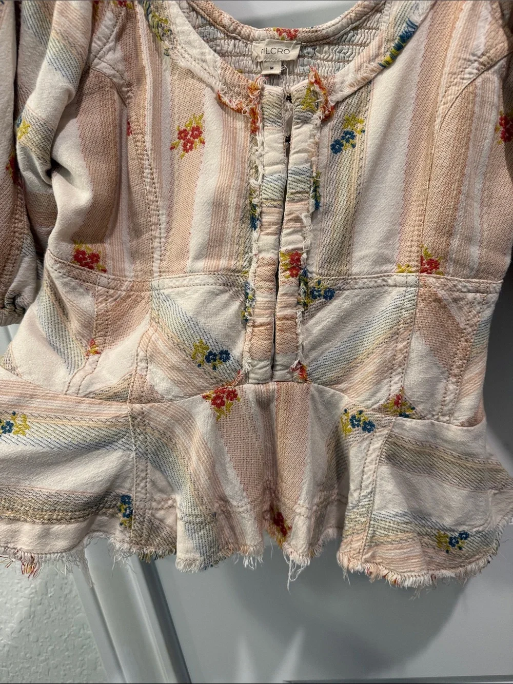 Peplum Puff-Sleeve Floral Stripe Top in Cream